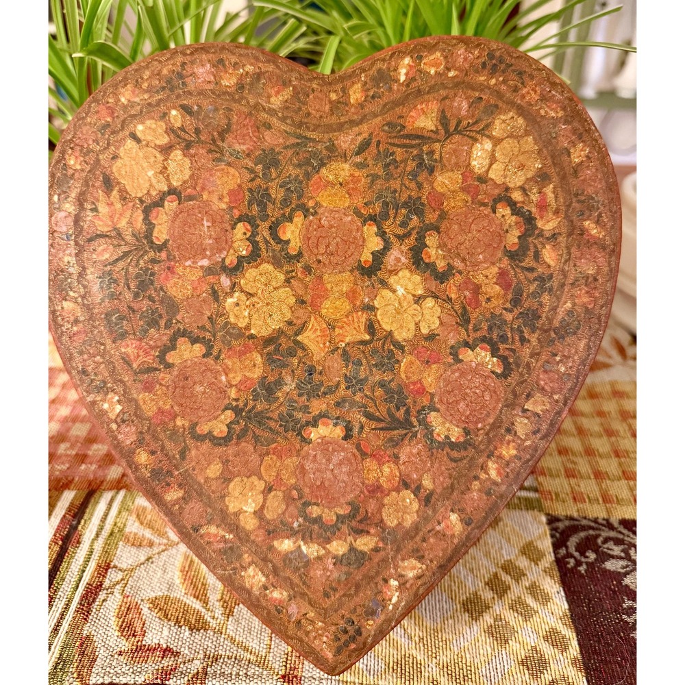 Vintage Kashmiri Hand Painted Papier Mache Heart Box, 10" Gold Floral Hazara